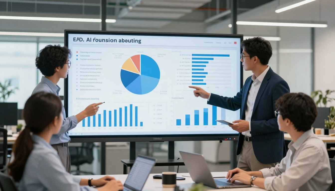 Business team analyzing AI adoption metrics on display screen
