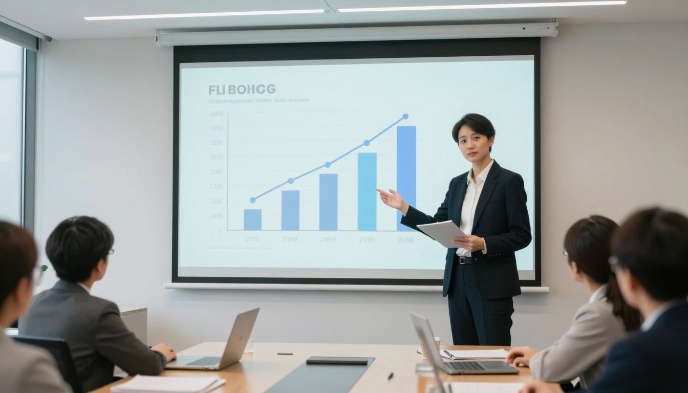 Business presentation showing growth metrics on screen