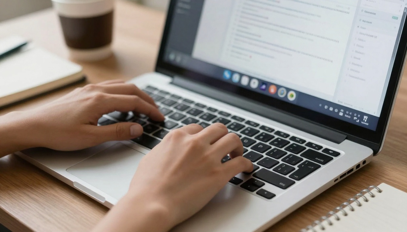 Hands typing on laptop with AI tool interface visible