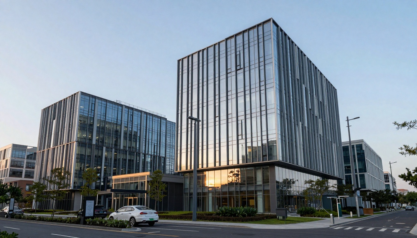 Modern tech office building exterior during golden hour