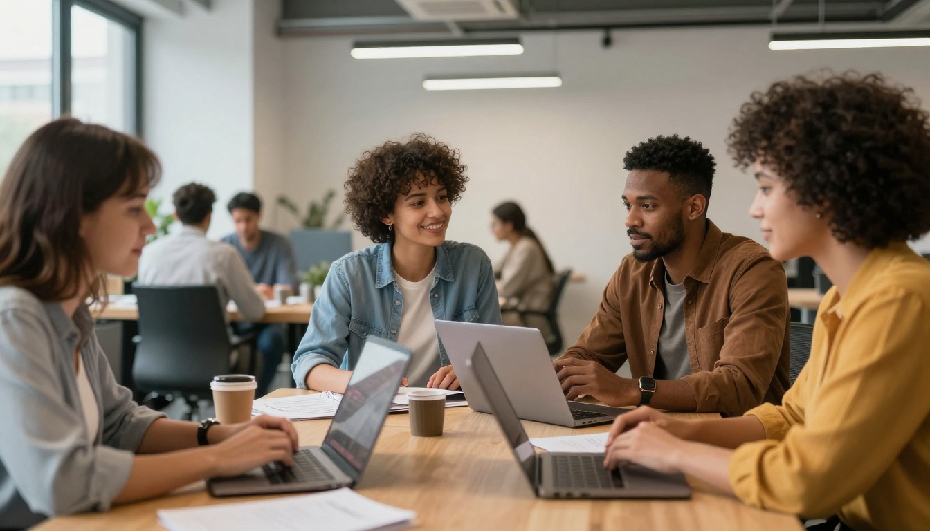 Team collaborating in modern office workspace
