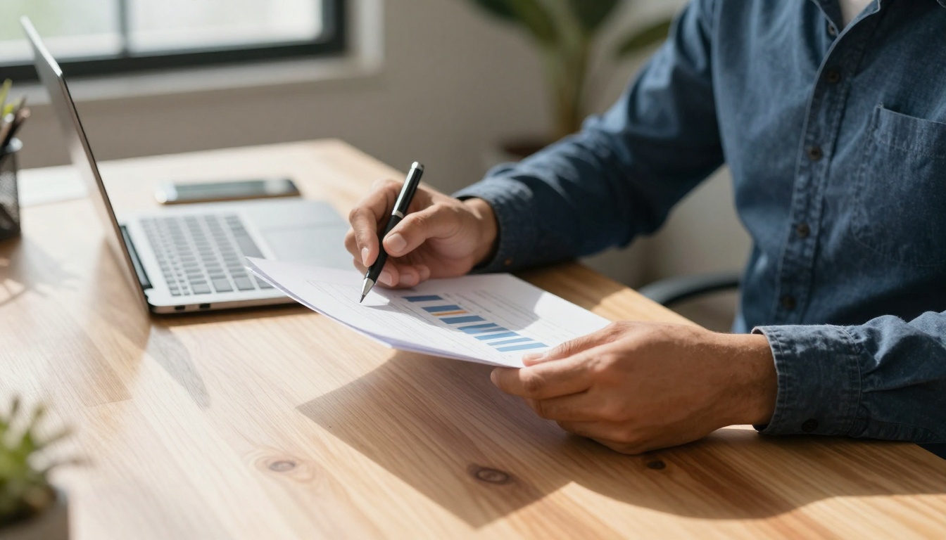 Professional reviewing business performance documents and charts