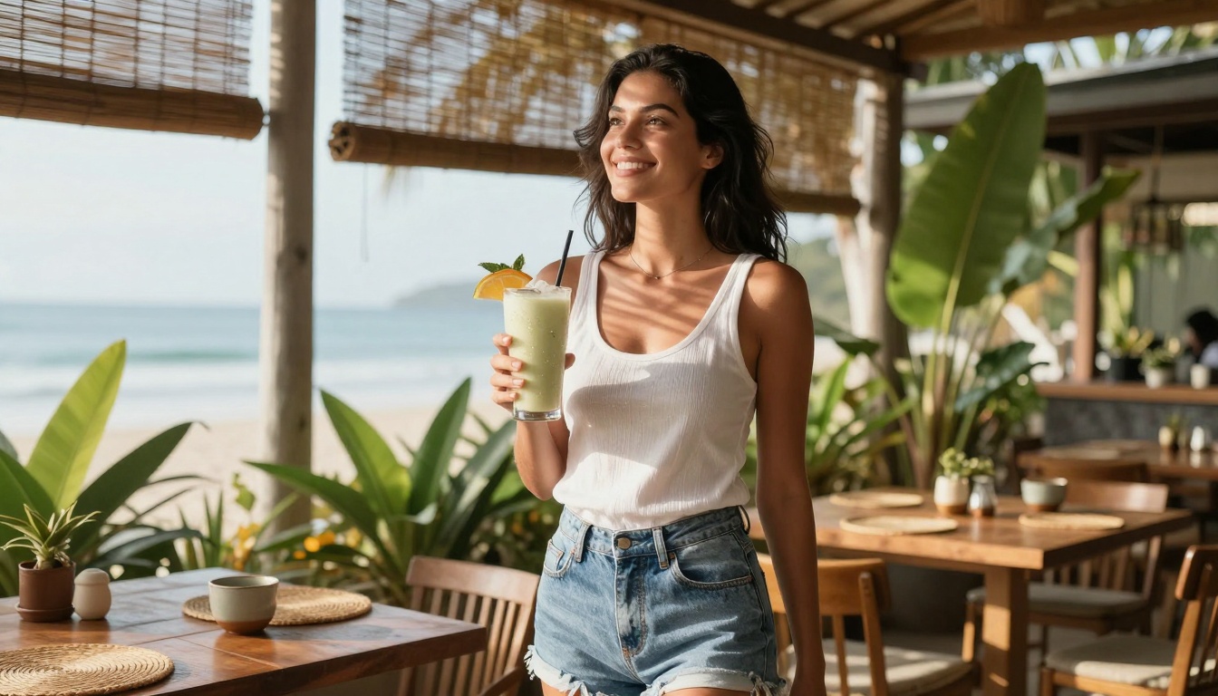 Woman in white tank top at beachside cafe