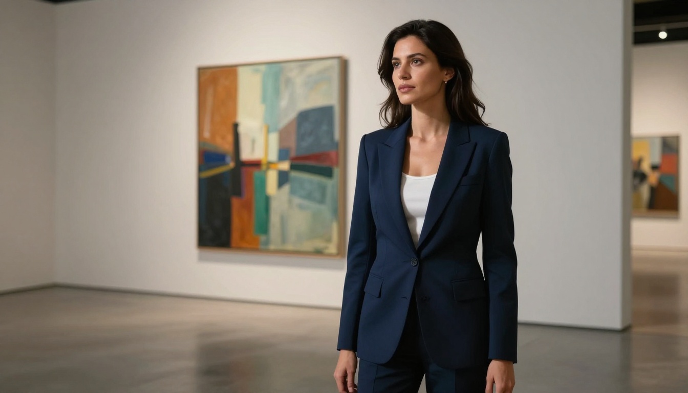 Modern art gallery portrait with navy blazer