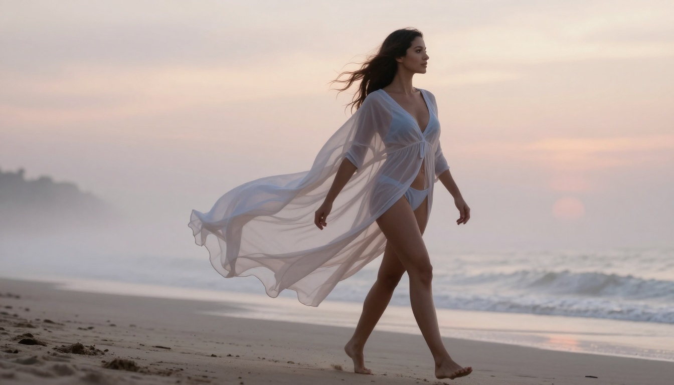 Morning beach walk with flowing cover-up