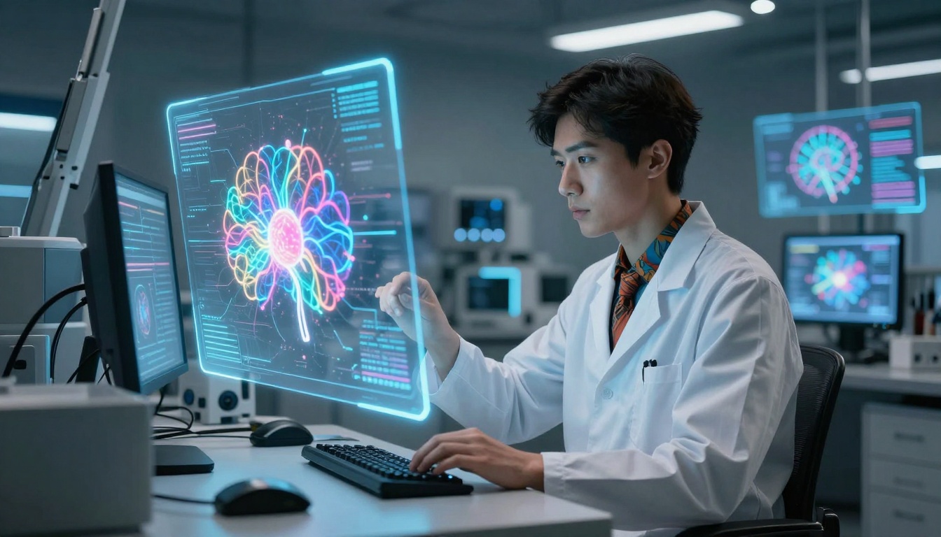 AI researcher in advanced laboratory