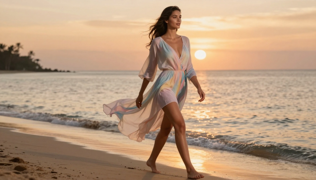 Woman in flowing pastel casual outfit walking along shoreline at sunset