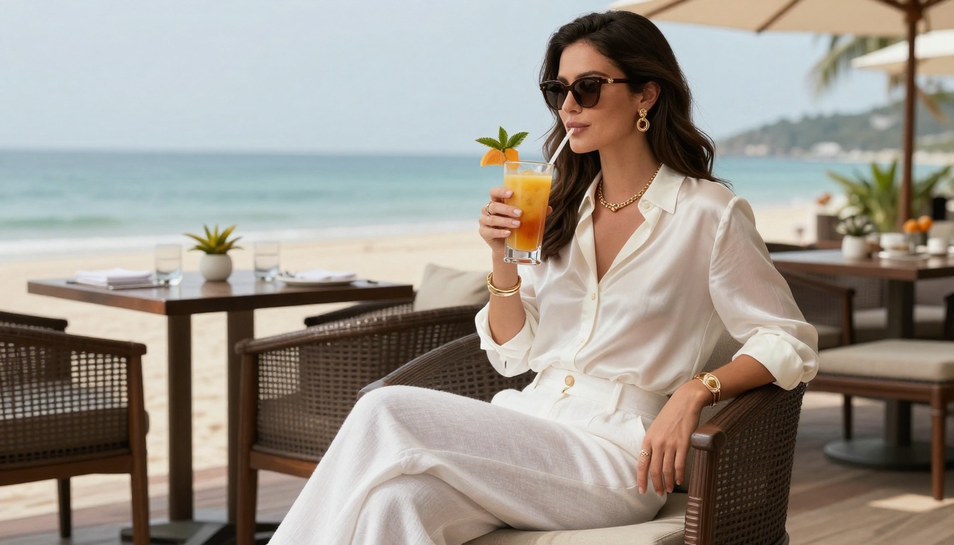 Woman in stylish resort wear enjoying tropical smoothie at beachside cafe