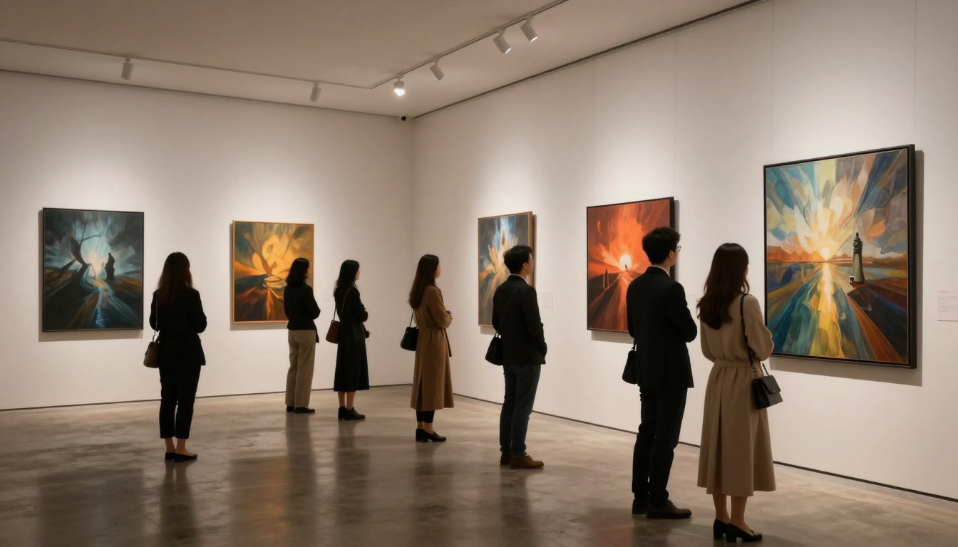 Sophisticated AI art gallery exhibition with elegant visitors