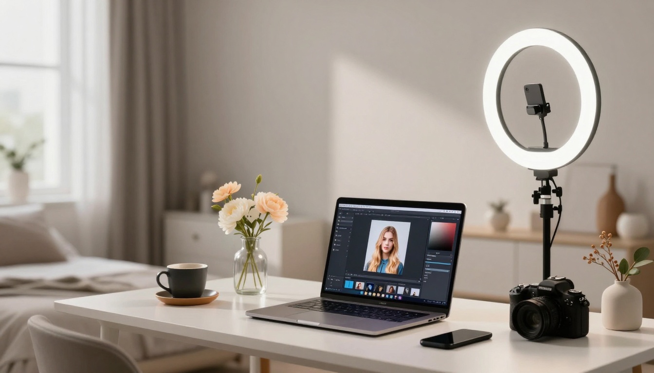 Creative influencer workspace with professional content creation setup