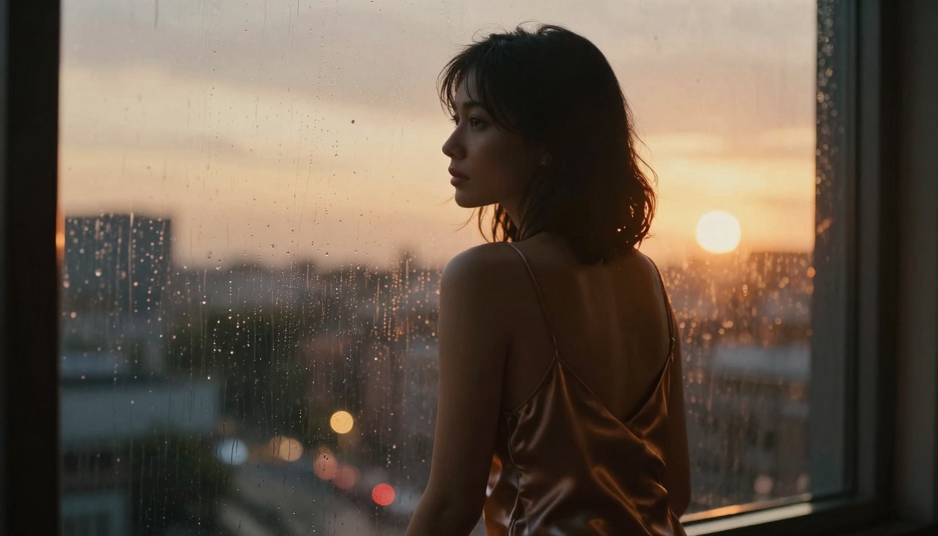 Dutch angle with rain-streaked window