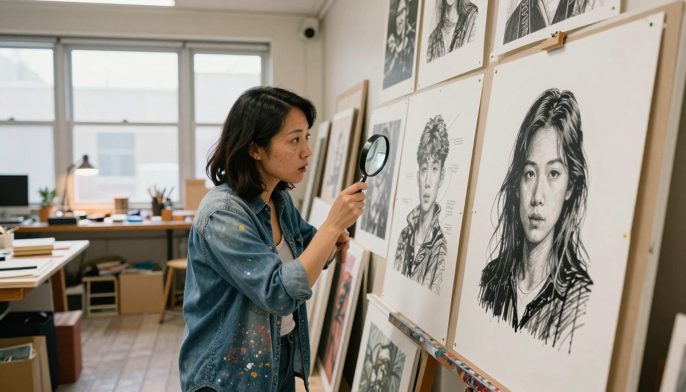 Artist in studio with AI prints