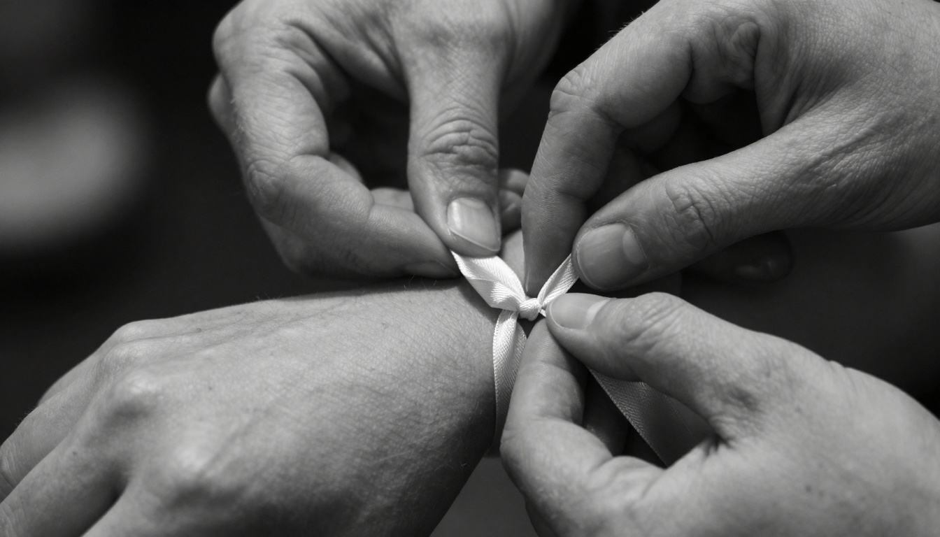 Close-up of hands with silk ribbon