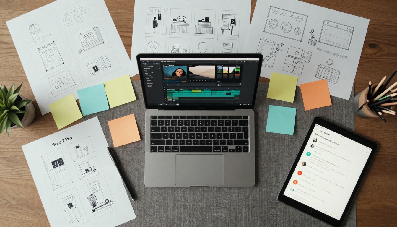 Aerial drone shot from directly above a creative workspace showing Sora 2 Pro interface open on a laptop