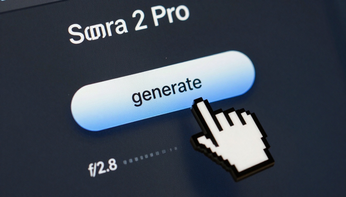 Extreme close-up macro shot of a cursor hovering over the 'generate' button in Sora 2 Pro interface