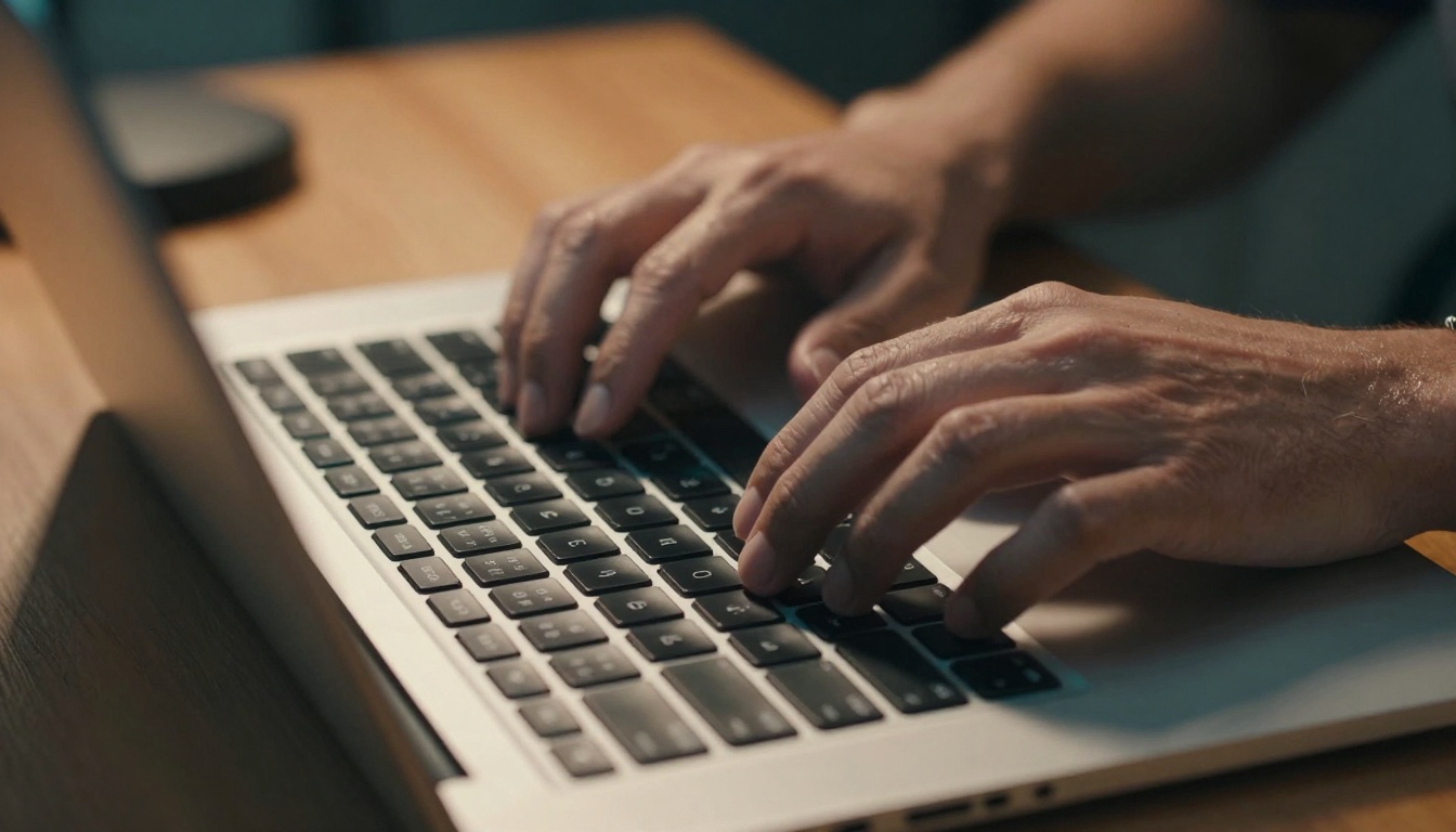 Dutch angle shot of a content creator's hands typing rapid-fire prompts into Sora 2 Pro
