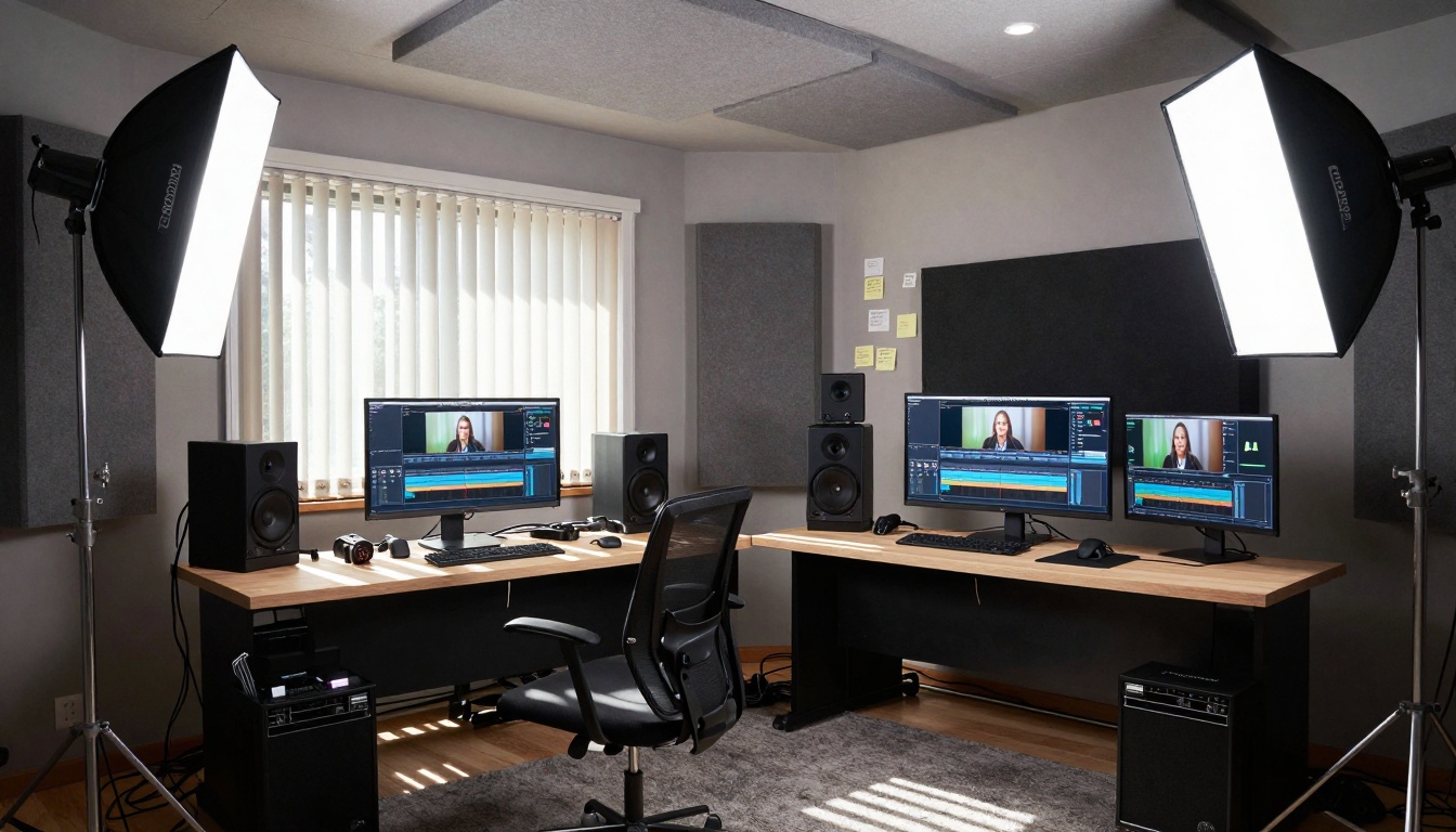 Wide establishing shot of a modern home studio optimized for Sora 2 Pro content creation