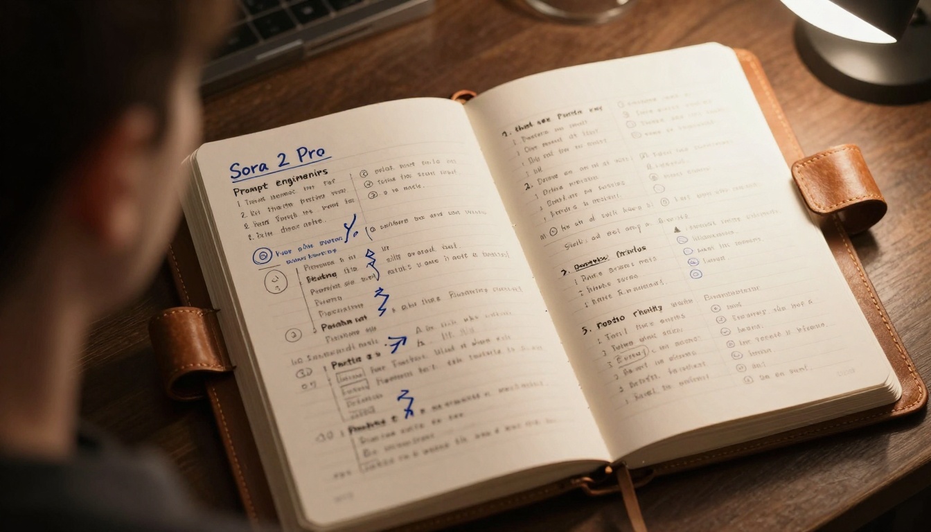 Over-the-shoulder shot looking at Sora 2 Pro prompt engineering notes in a leather-bound journal