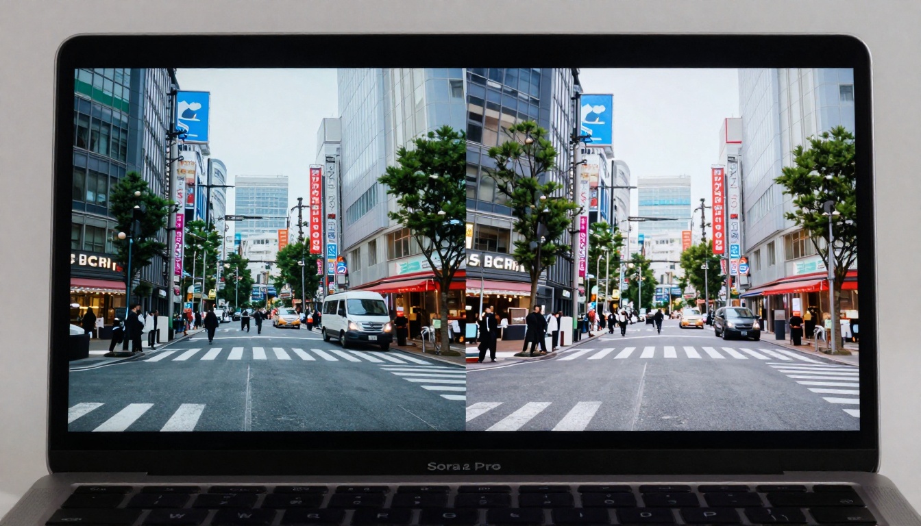 Split focus shot showing both a Sora 2 Pro generated video and the real-world location