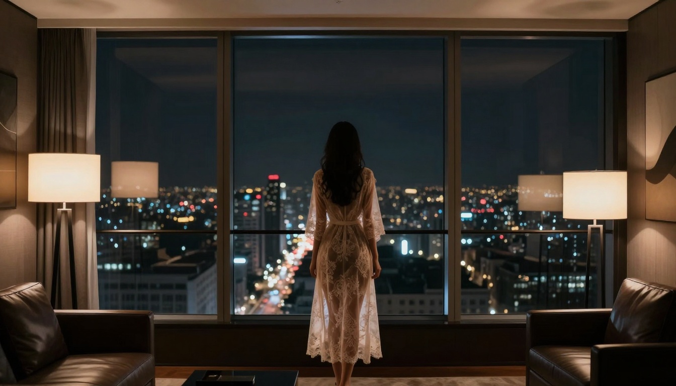 Wide establishing shot with urban backdrop