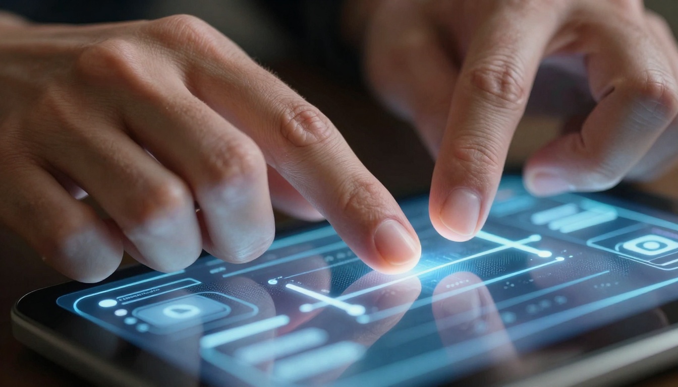 Hands interacting with holographic interface Hands interacting with holographic interface