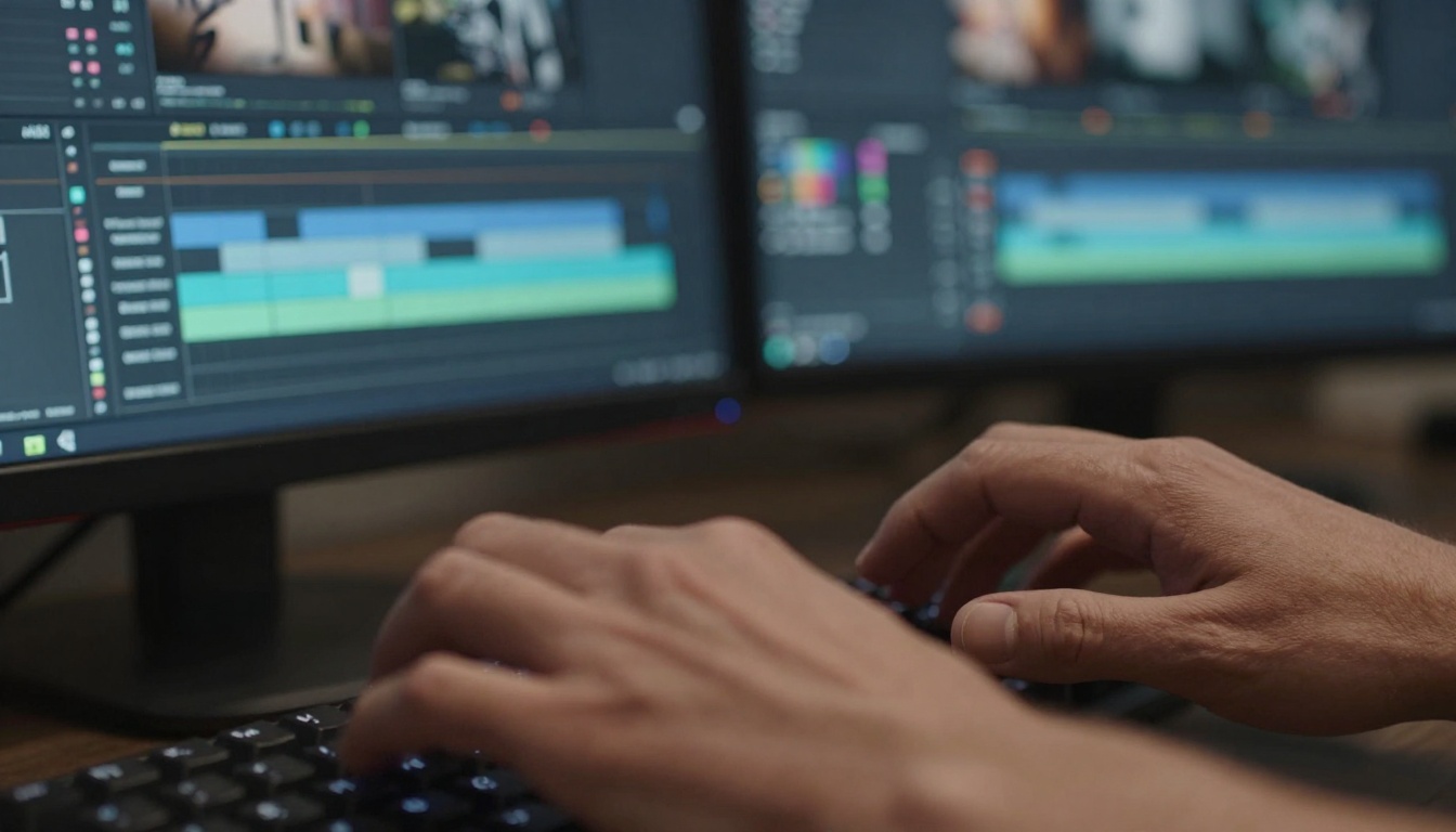 Close-up of hands operating video editing software