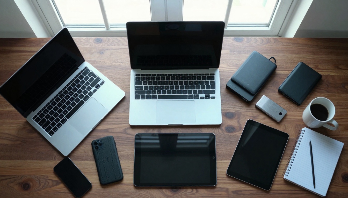 Aerial view of workspace with multiple devices