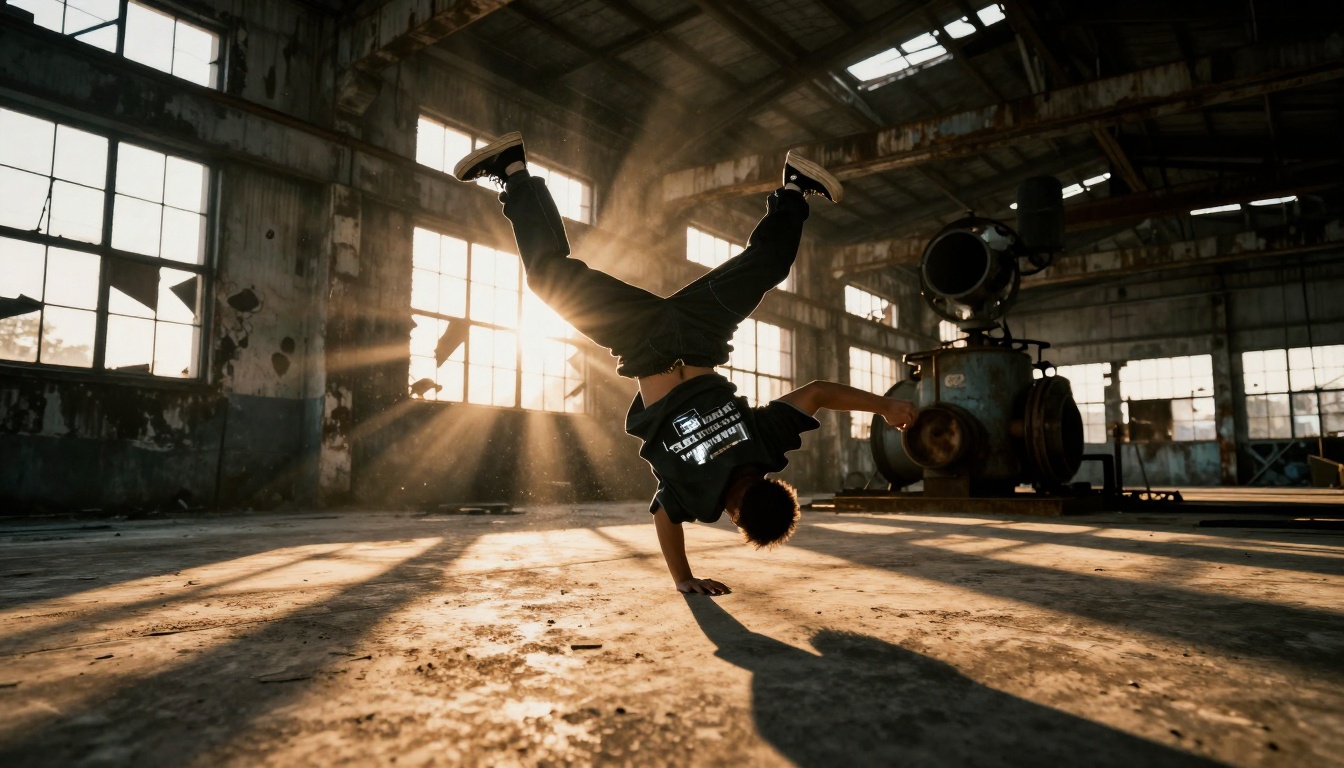 Street dancer performing in industrial warehouse