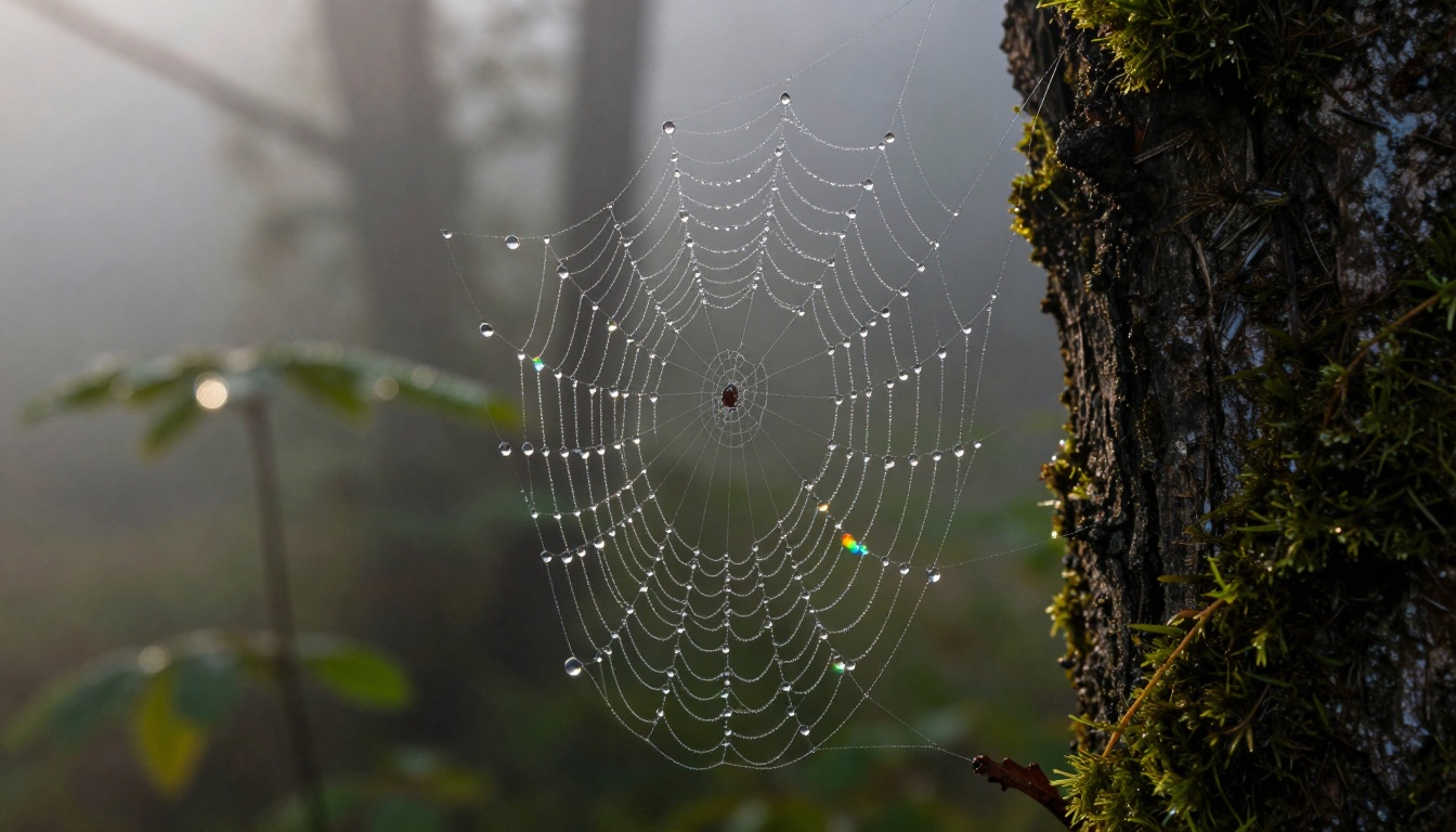 Macro close-up of spiderweb droplets