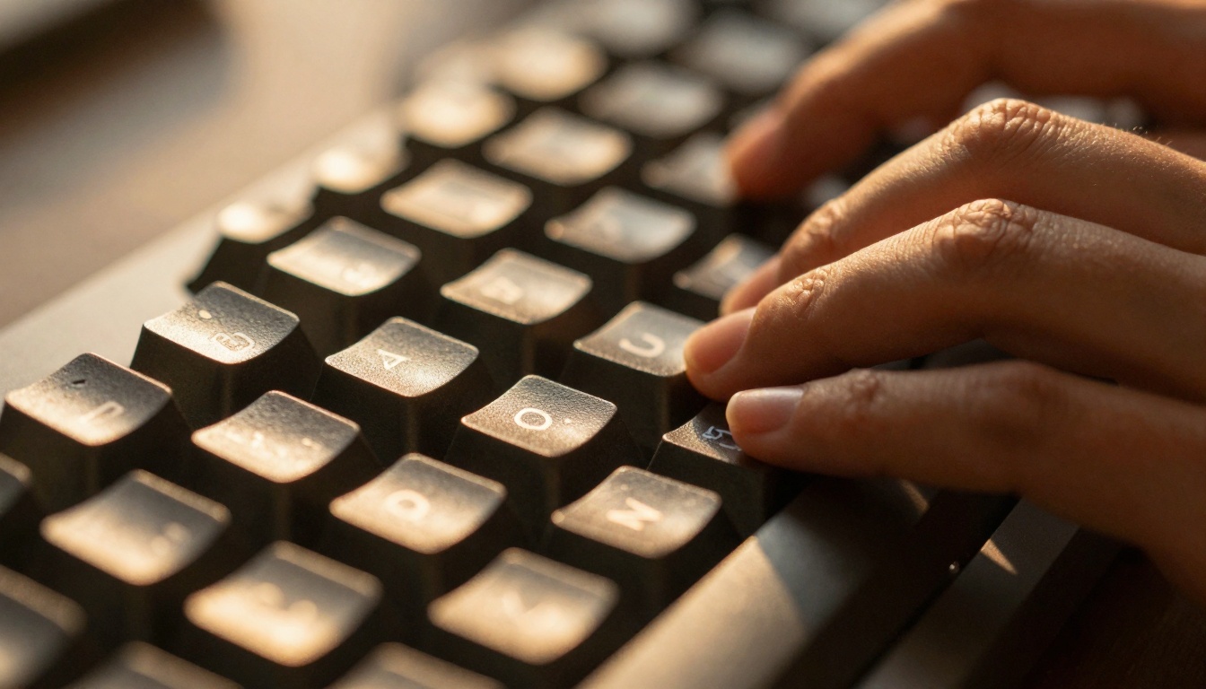 Low-angle macro shot of hands typing on a mechanical keyboard