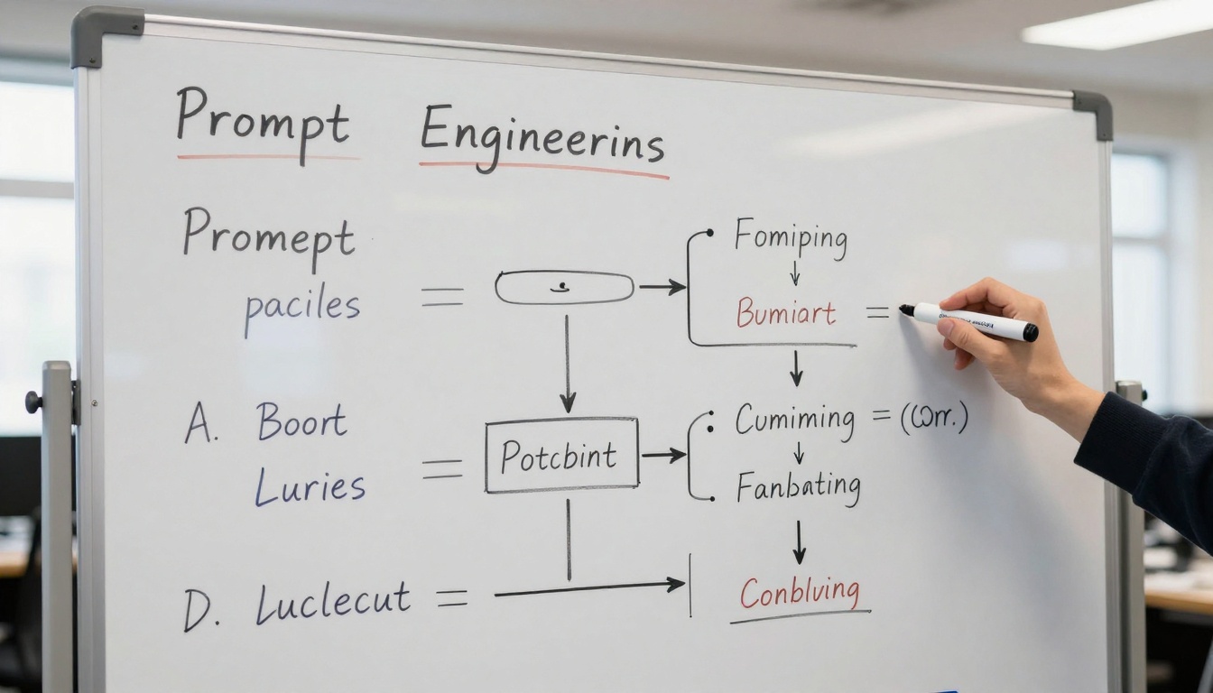 Medium shot of a whiteboard filled with color-coded prompt engineering formulas
