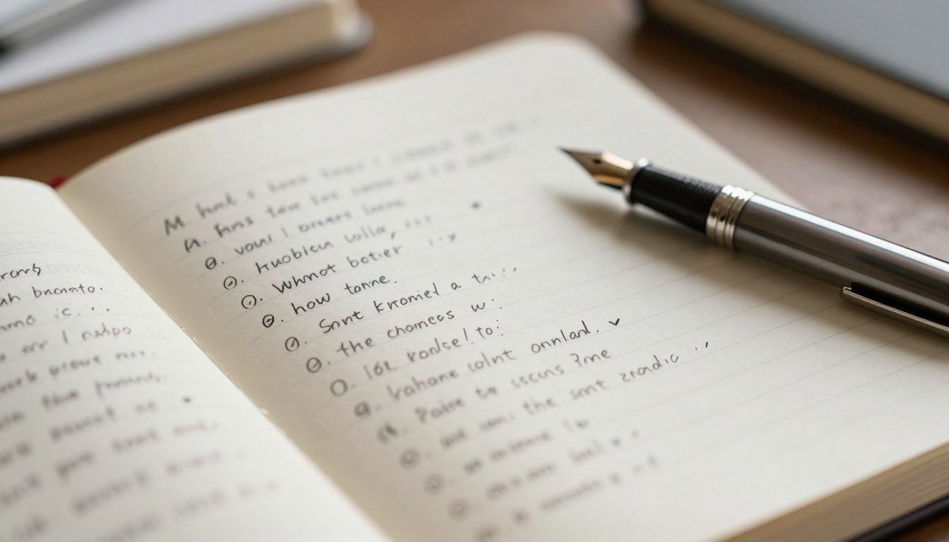 Over-the-shoulder perspective looking at a notebook filled with handwritten prompt variations