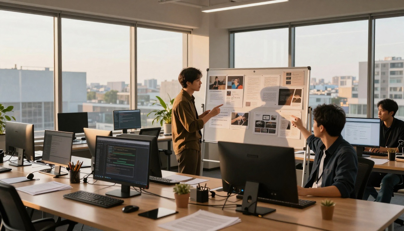 Wide establishing shot of a collaborative workspace where two professionals are discussing prompt strategies