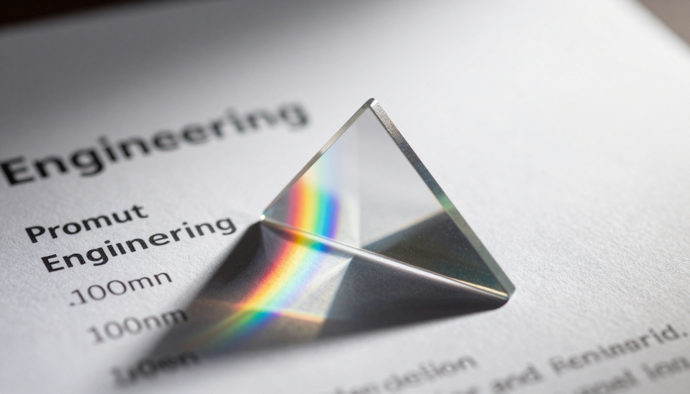 Abstract conceptual shot showing light refracting through a glass prism placed on a prompt engineering document