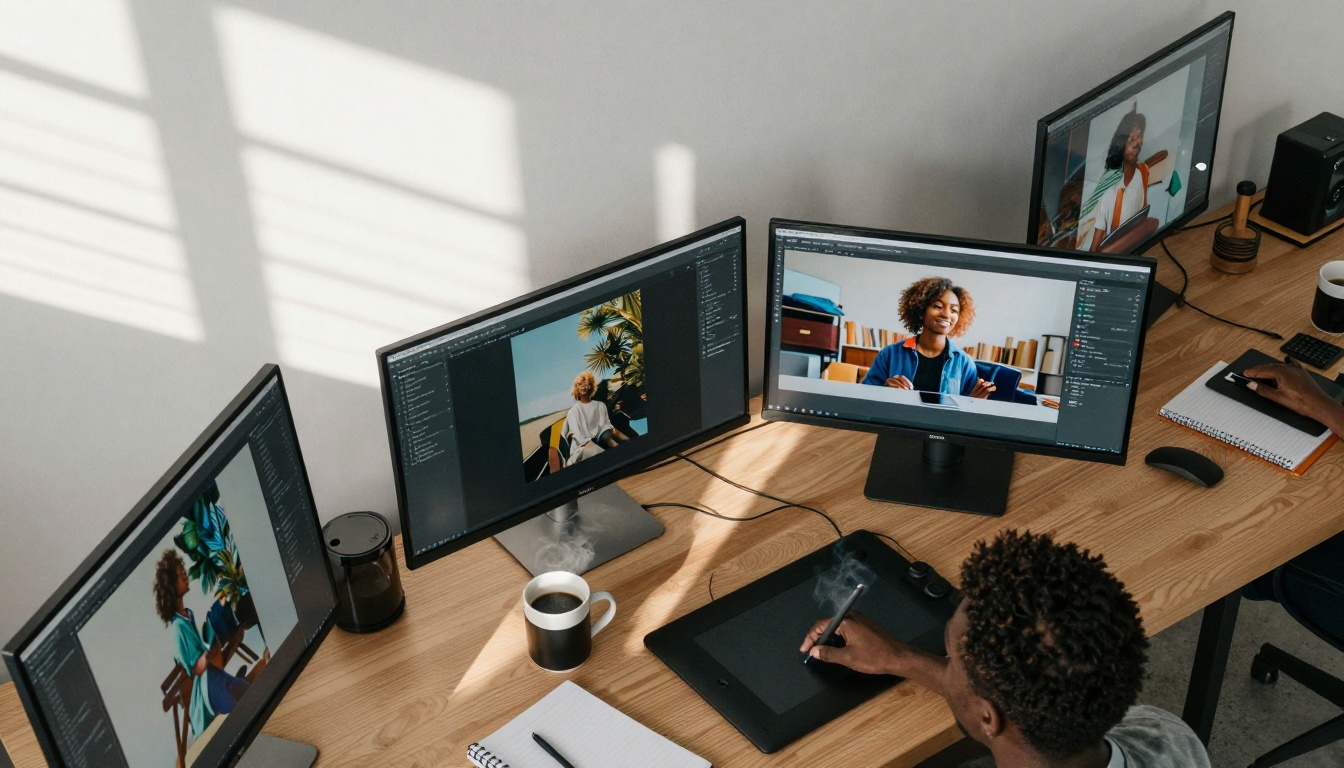 Creative workspace aerial view