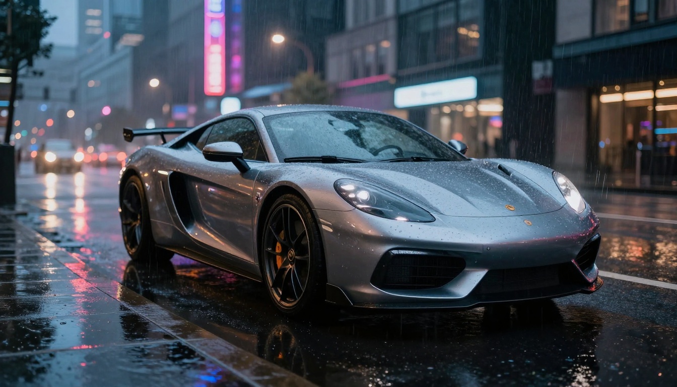 Automotive photography in dramatic urban night setting