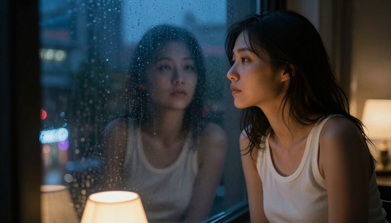 Dutch angle composition with rain-streaked window