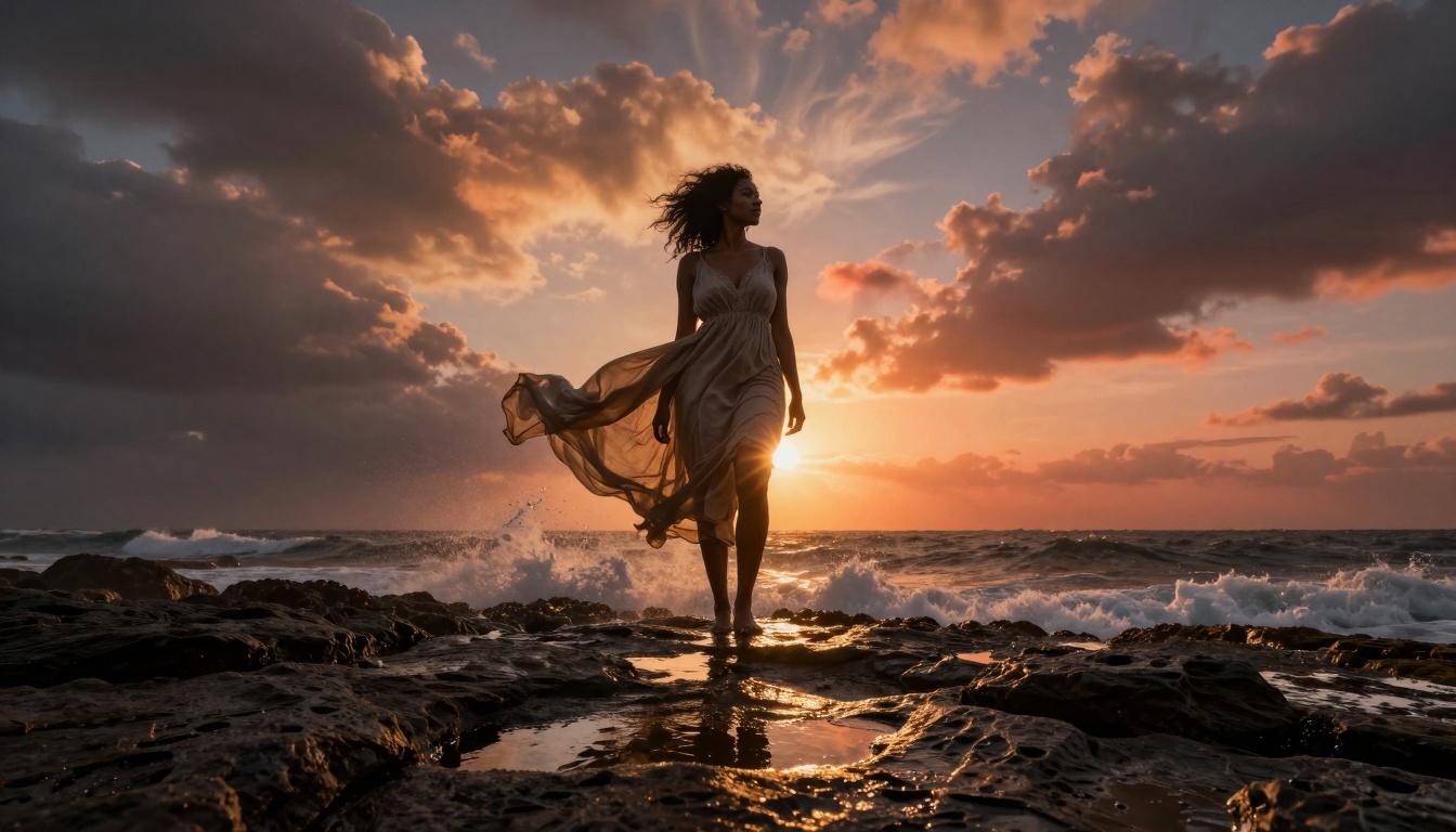 Low-angle coastline composition with dramatic lighting