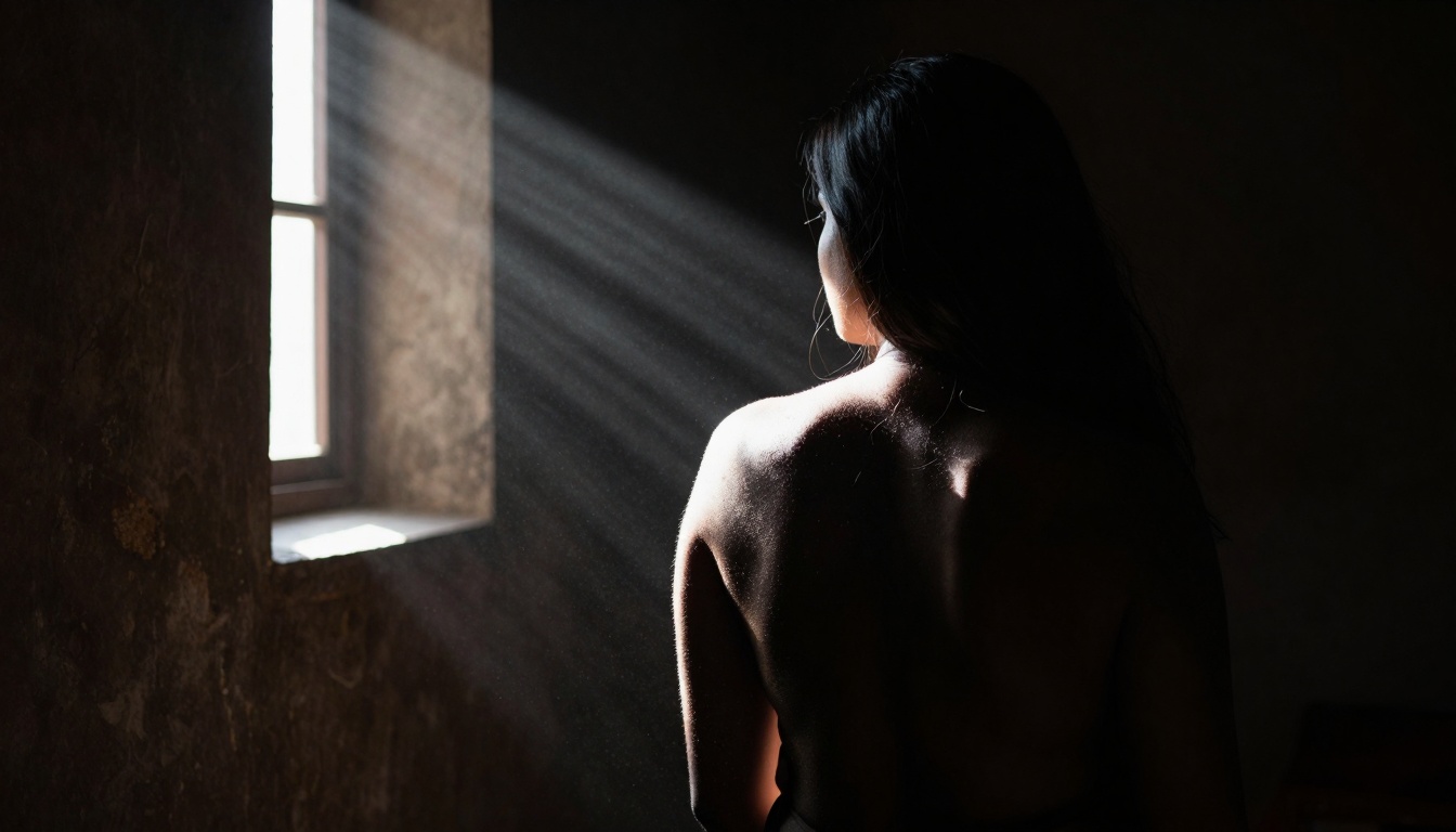 High-contrast chiaroscuro composition with dramatic lighting