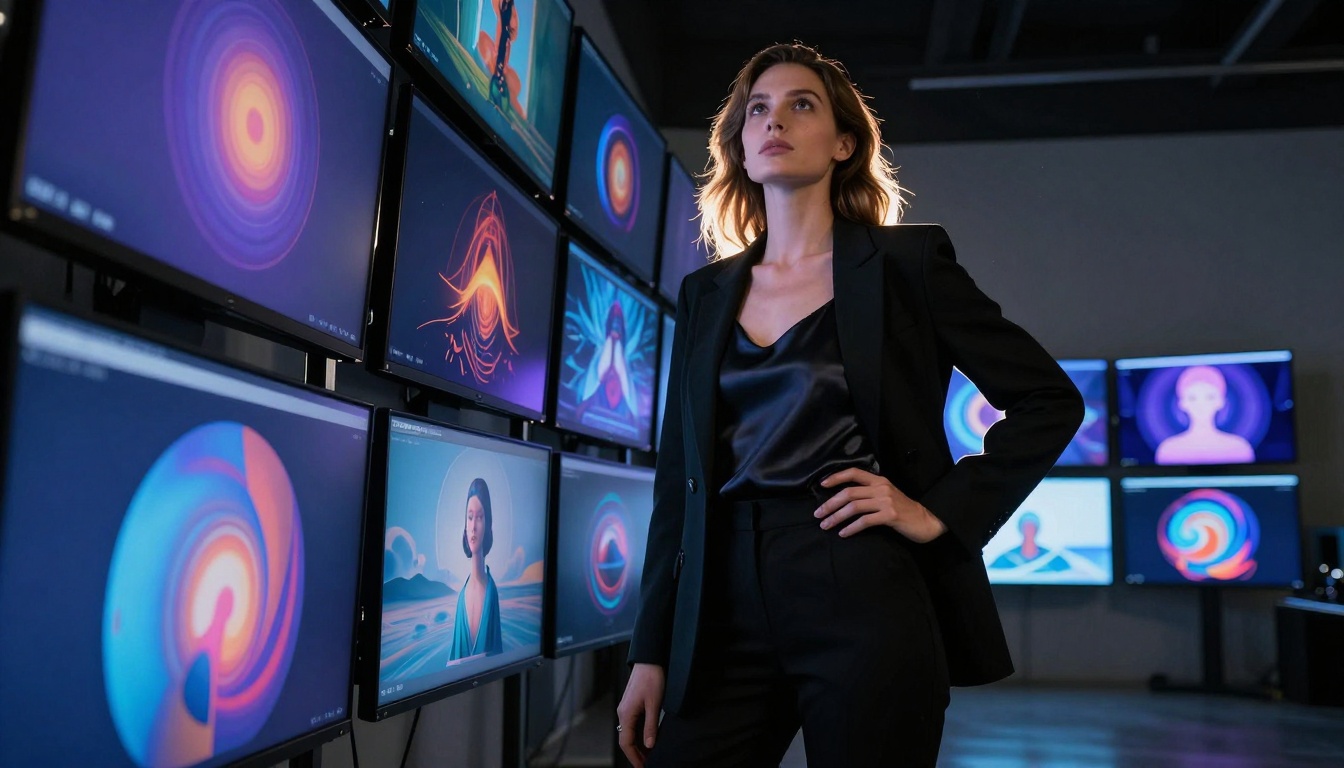 Confident woman with AI monitors