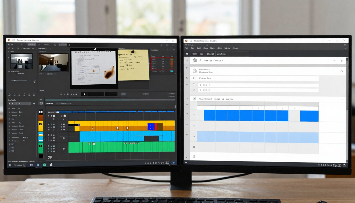 Aerial view of video editing timelines