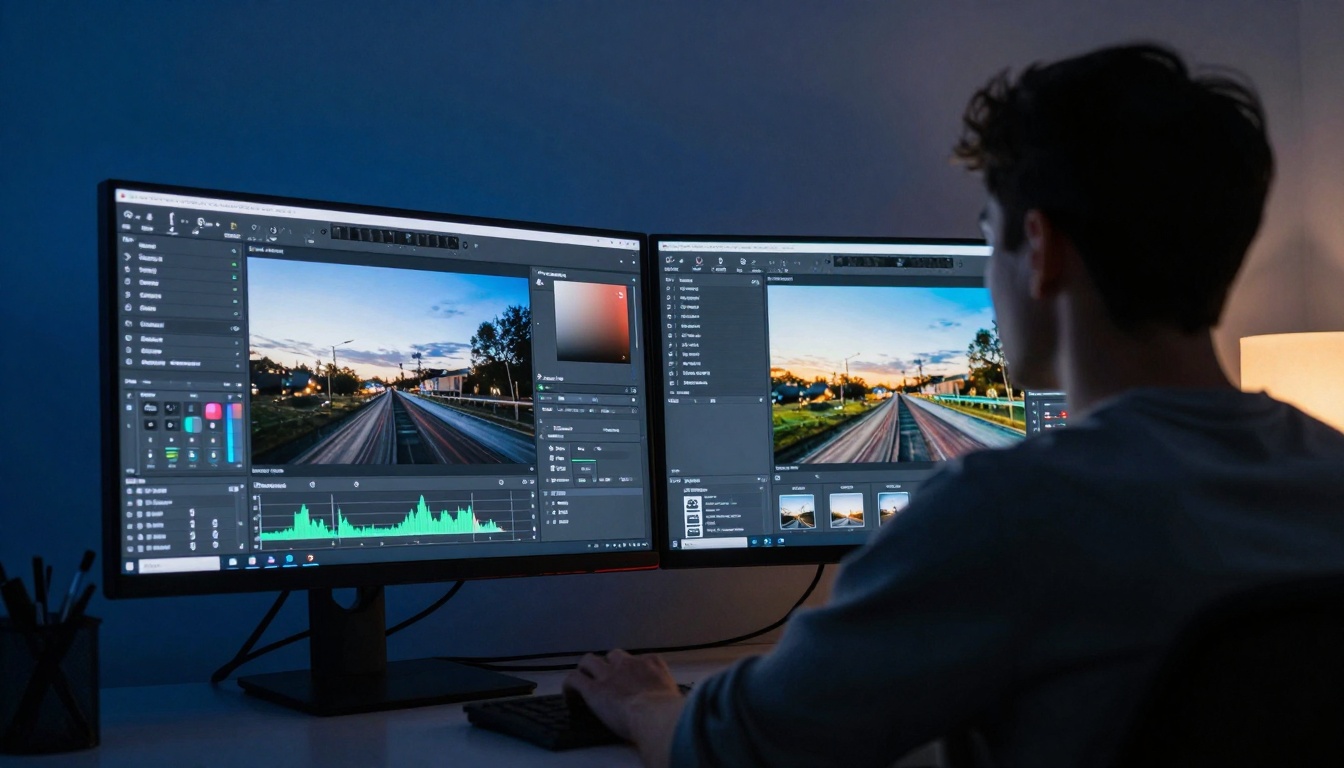 Photo editing comparison on dual monitors