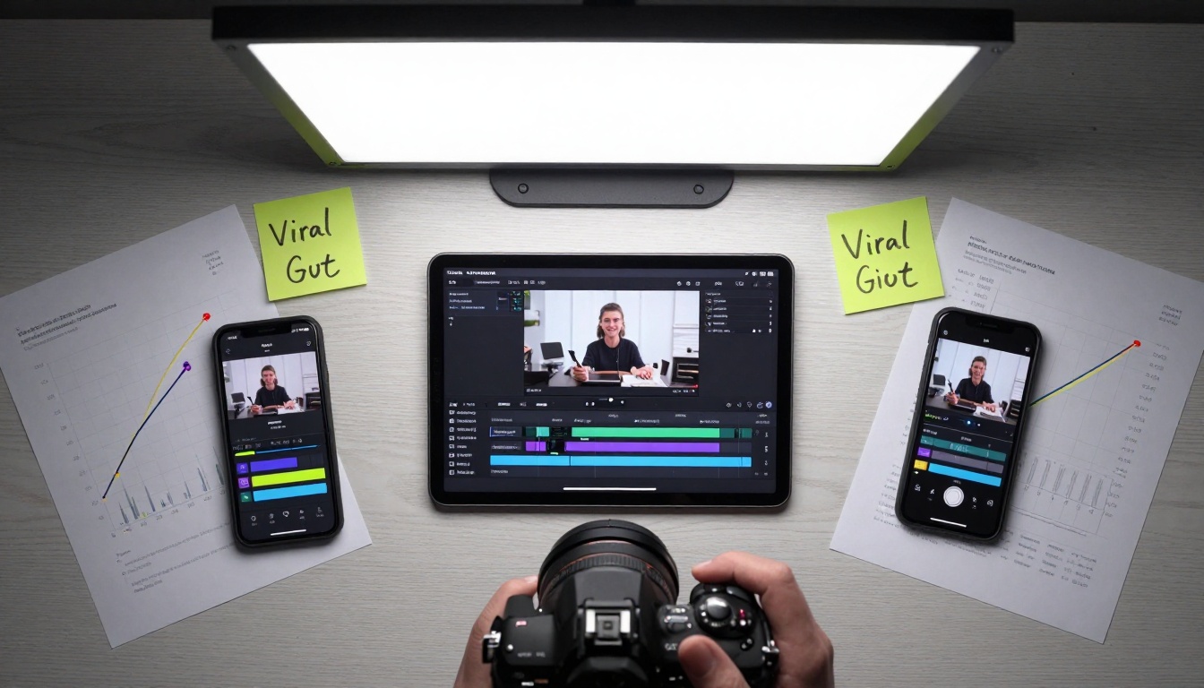 Aerial drone-style overhead shot showing multi-device workflow Aerial drone-style overhead shot showing multi-device workflow