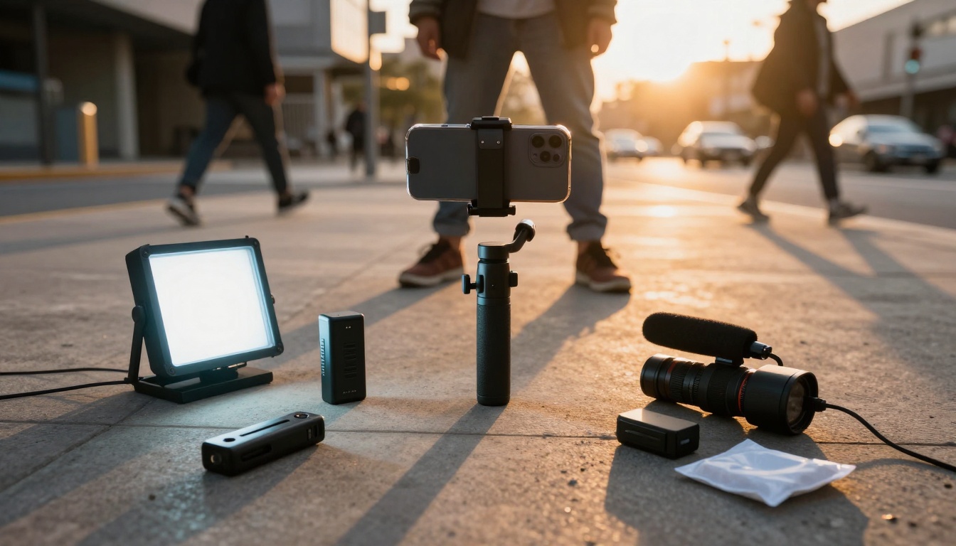Low-angle worm's eye view of mobile filming setup