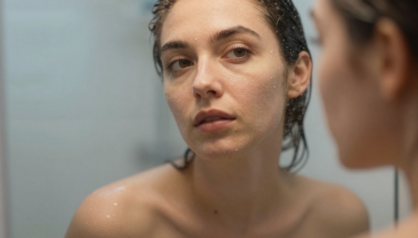 Close-up portrait through condensation on a mirror