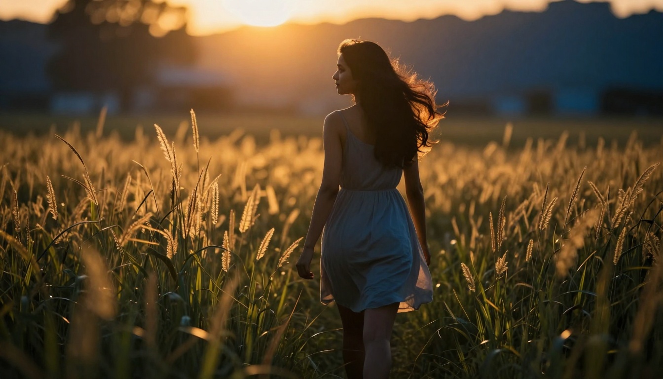 Backlit silhouette in golden hour field