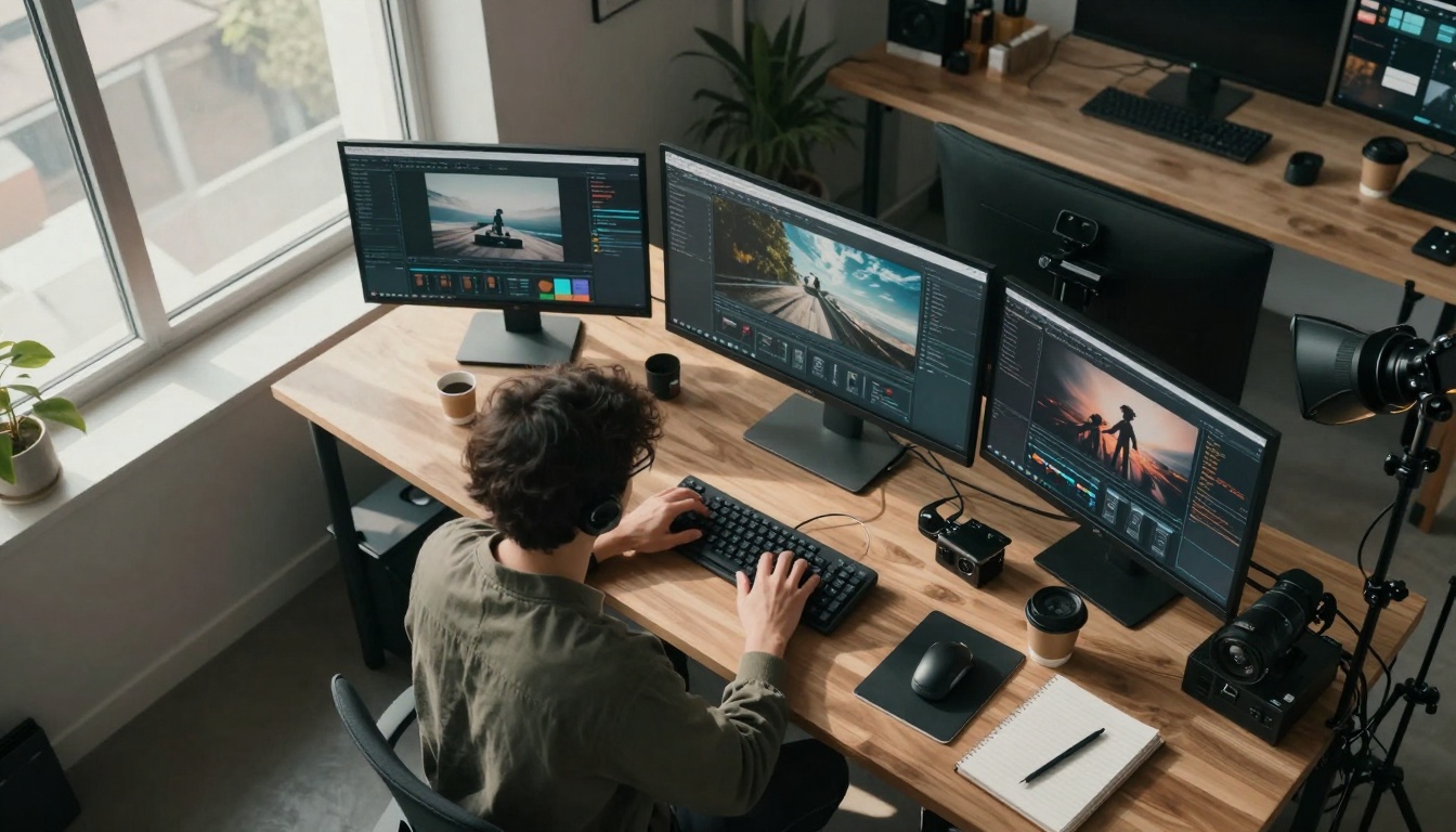 Modern creator workspace with multiple monitors