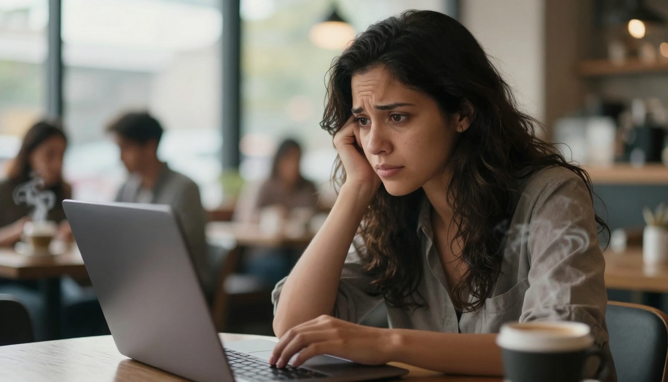 Creator contemplating work in cafe setting