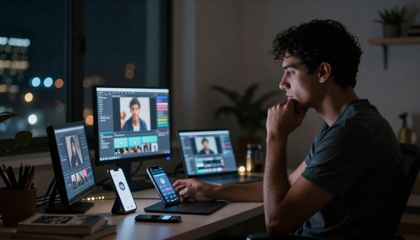 Night workspace with glowing devices