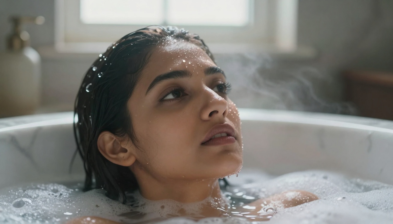 Close-up portrait of a woman's face and shoulders emerging from bubble bath